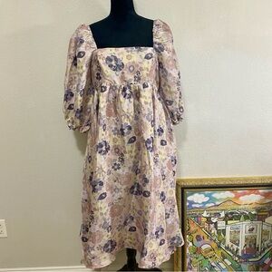 NWT Storia Floral Puff Sleeve Shiny Dress, Sz L, Empire Waist, Romantic, Cottage